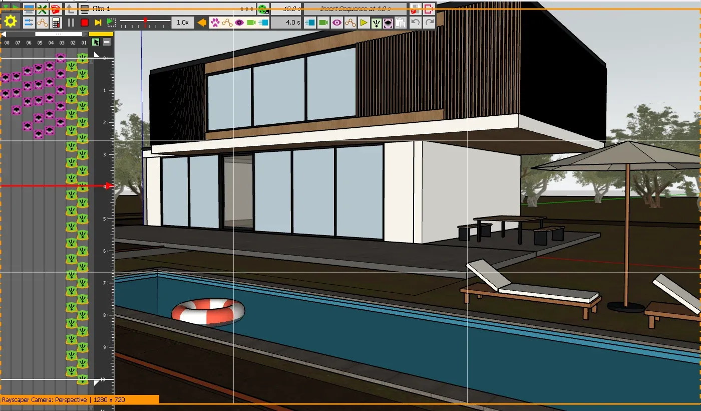 Animator's Clip Editor in SketchUp with the timeline of the example clip on the left and the villa garden at 4 seconds, the parasol open