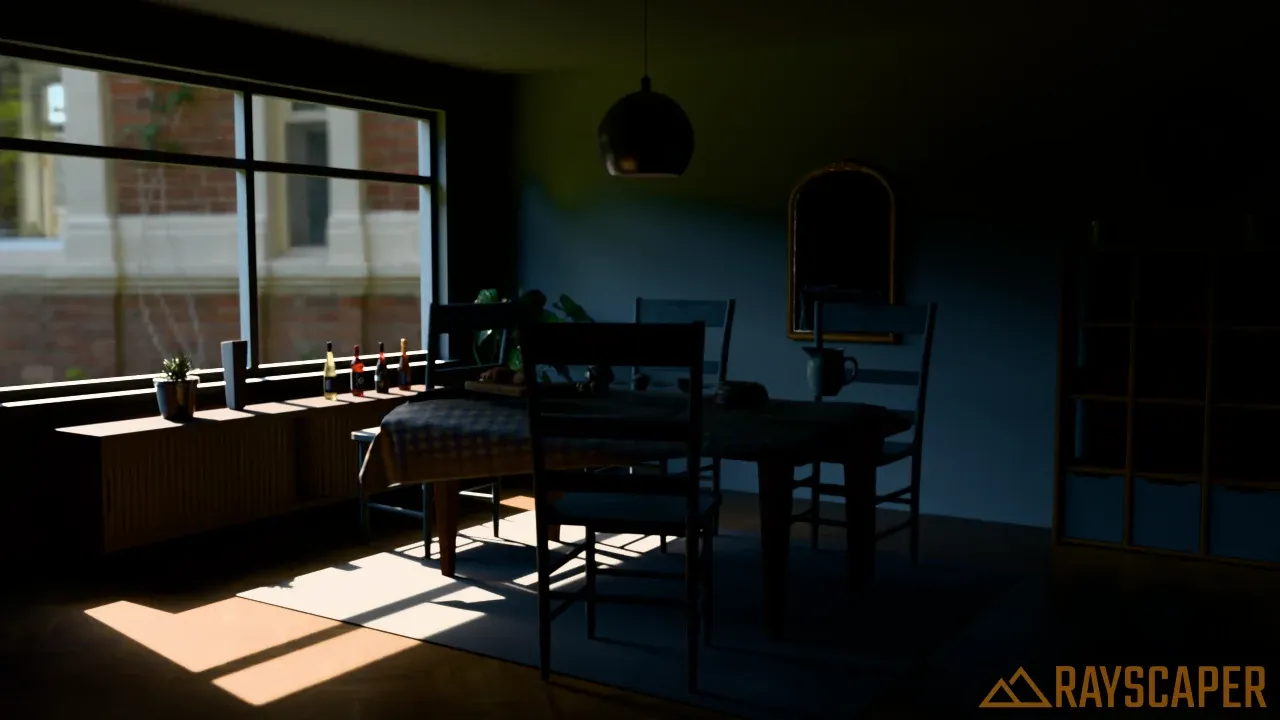 The breakfast room with direct light only, very dark