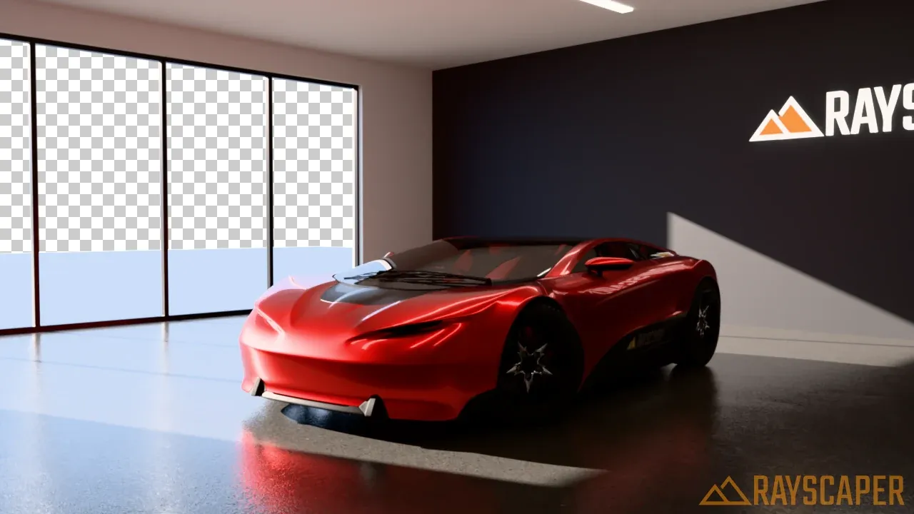 The showroom with a transparent environment: a checkerboard shows through the windows