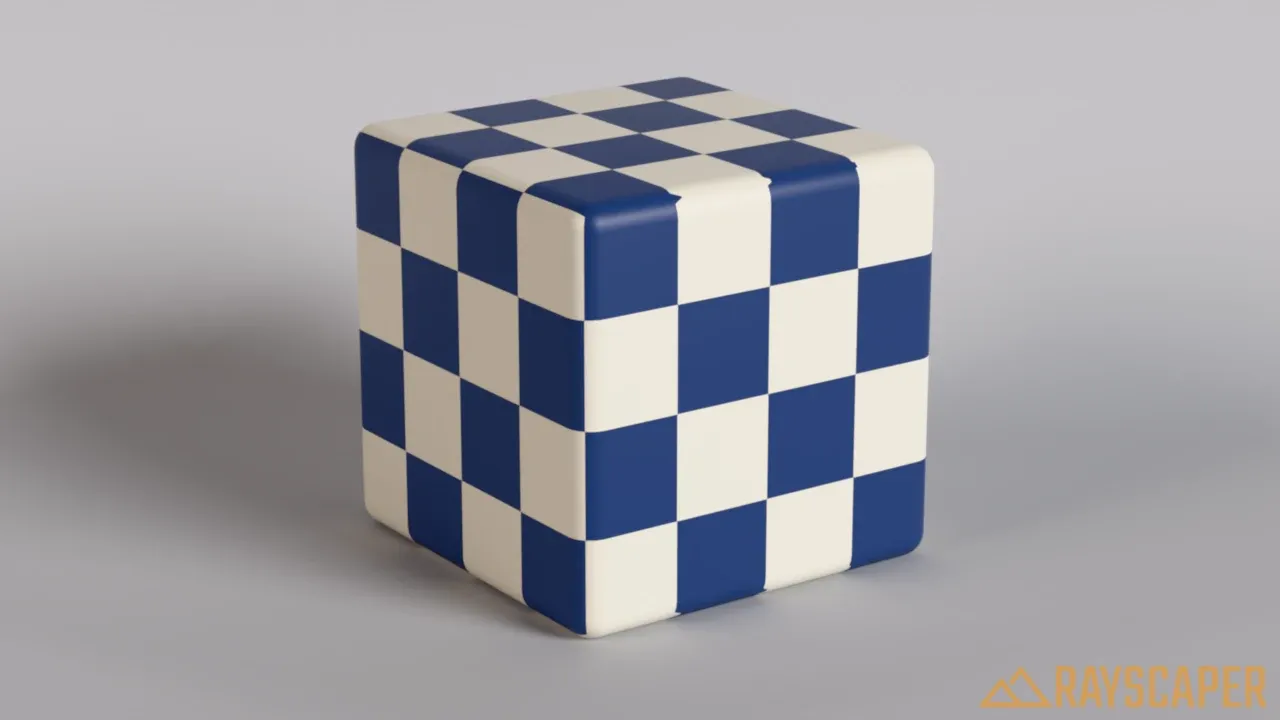 A cube with a navy and cream checkerboard texture