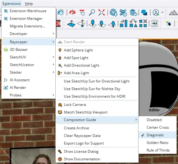 The Composition Guide submenu in Extensions > Rayscaper