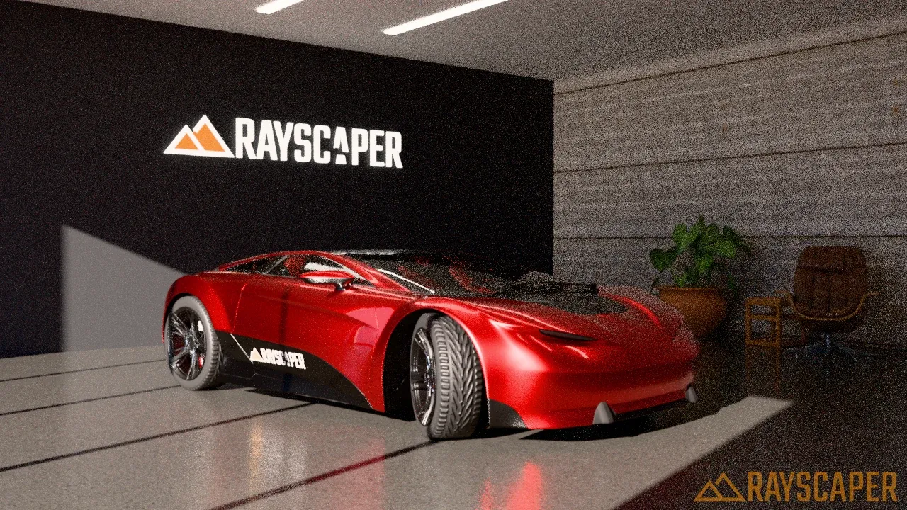 The showroom at 64 samples per pixel without denoising, grainy
