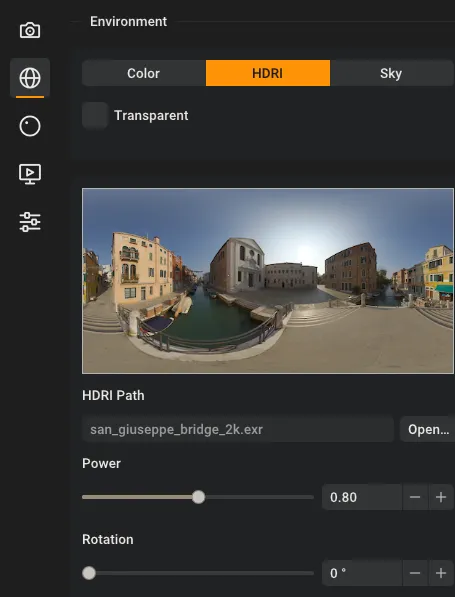 The Environment section of the Scene Editor with an HDRI selected