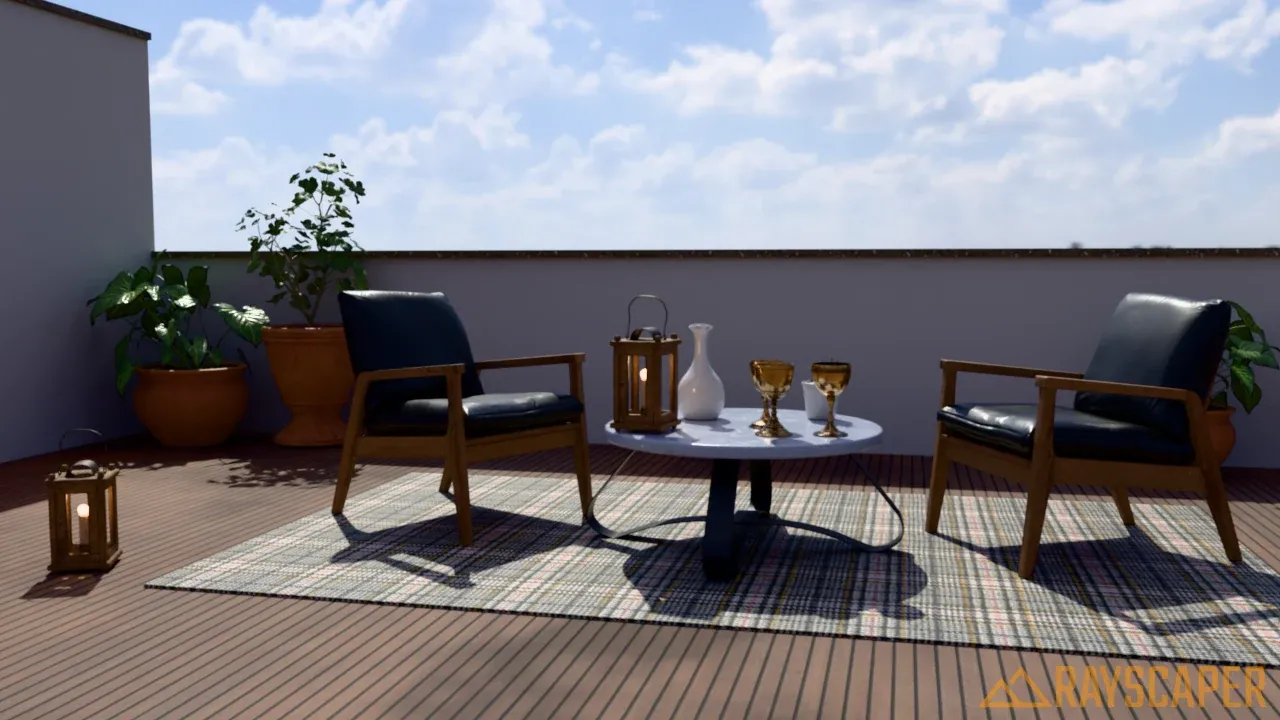 A rooftop terrace with two armchairs and a coffee table, lit by a sunny HDRI with scattered clouds