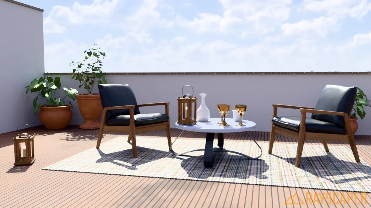 The terrace with the HDRI at power 3.0, the render is overexposed