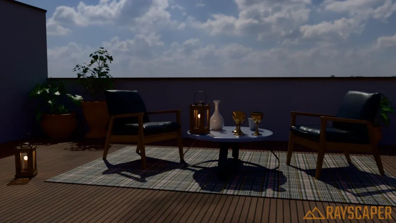 The terrace with the HDRI at power 0.3, the render is dark