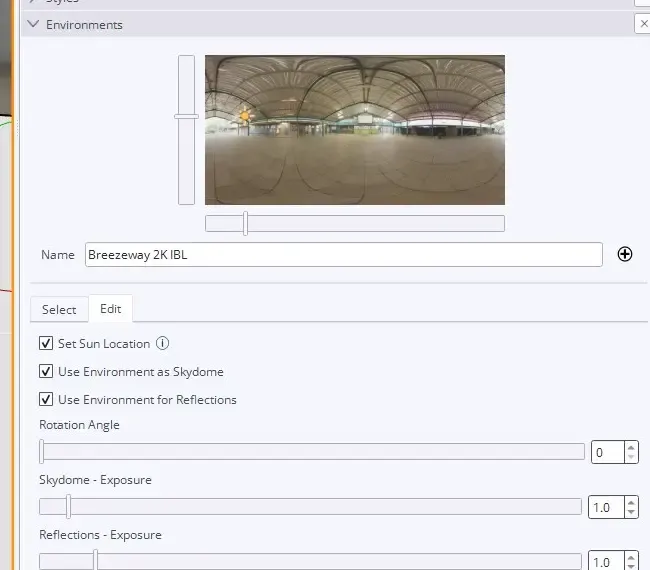 SketchUp Environments panel showing a Breezeway HDRI with settings