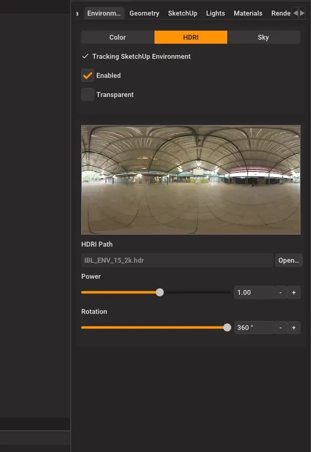 Rayscaper Environment tab showing Tracking SketchUp Environment