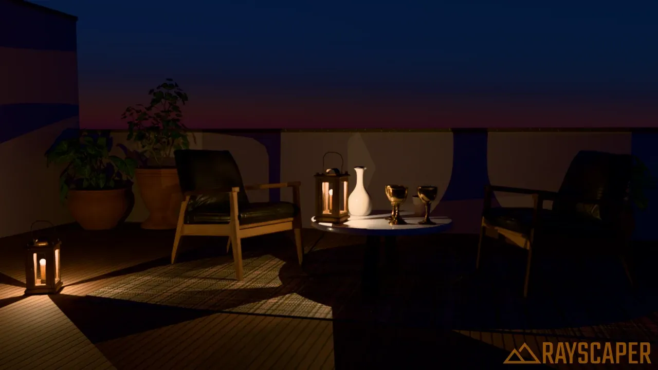 The terrace at dusk with the lanterns lit