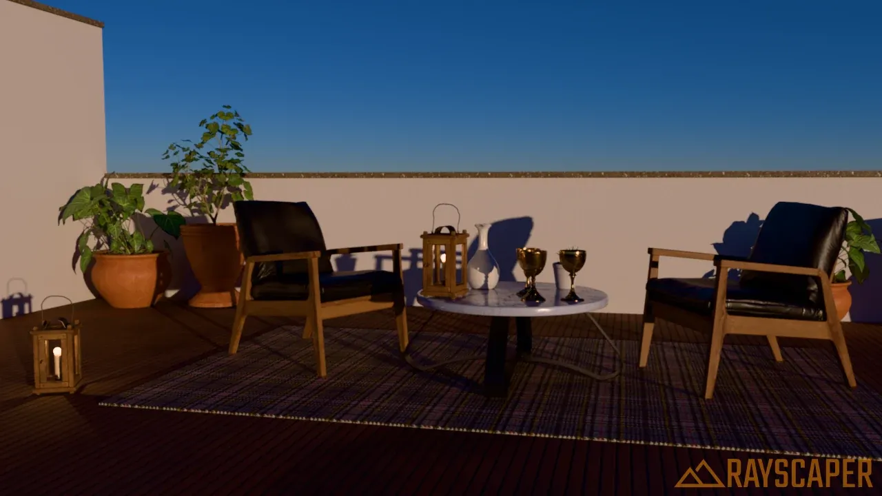The terrace under a sky with the sun just above the horizon