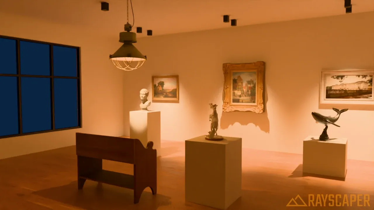 A small art gallery at night, lit by downlights on the paintings, a spotlight on a marble bust and a pendant lamp