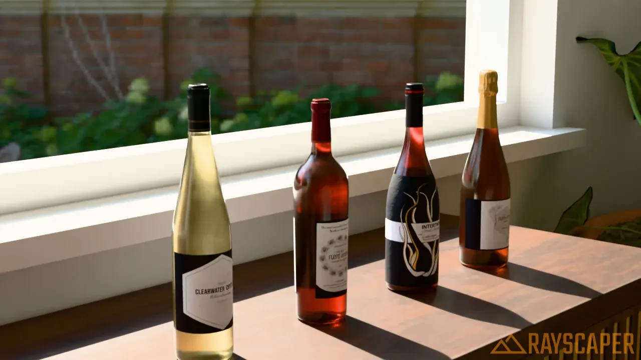 Backlit wine bottles in front of a window, glowing in color
