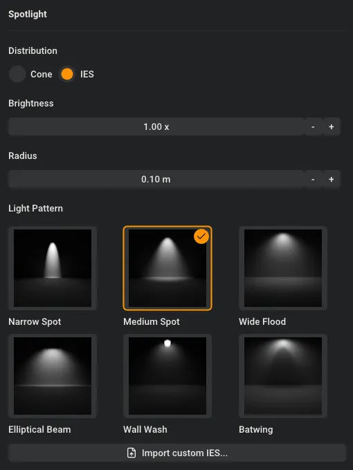Spotlight settings with the IES distribution and the built-in light patterns