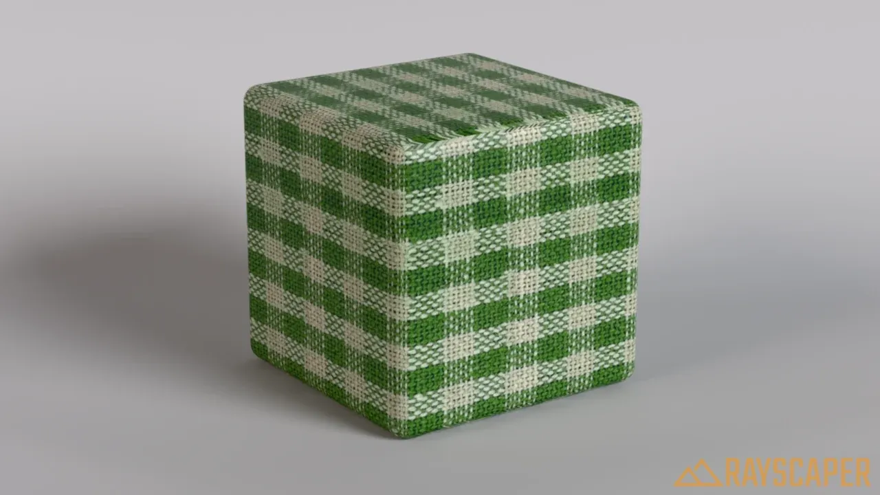 A cube with a green gingham fabric texture