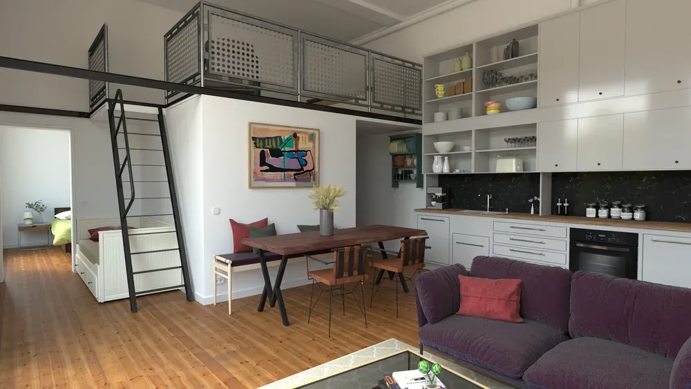 A loft kitchen rendered with Rayscaper