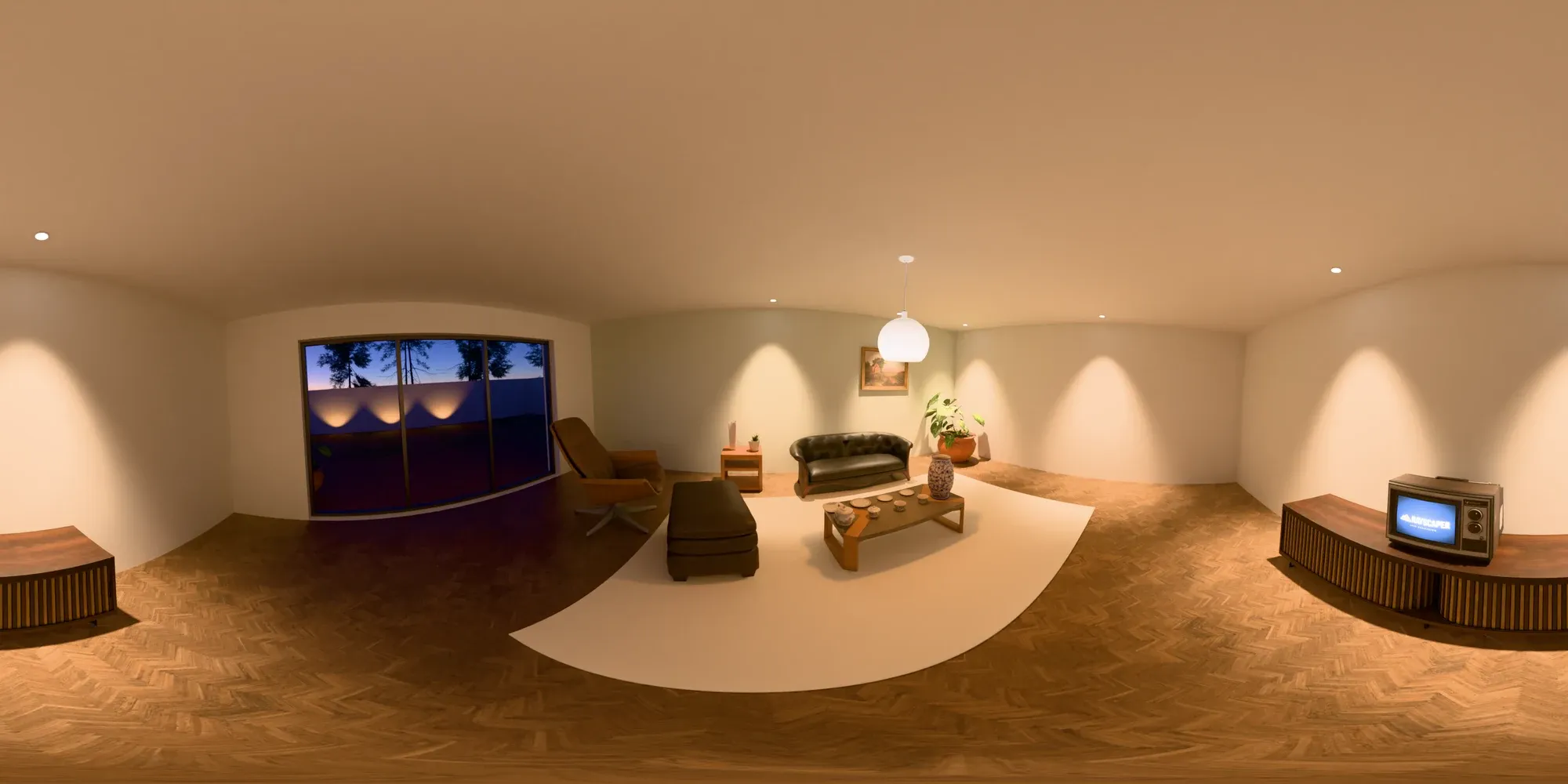 The rendered living room panorama as a flat equirectangular image
