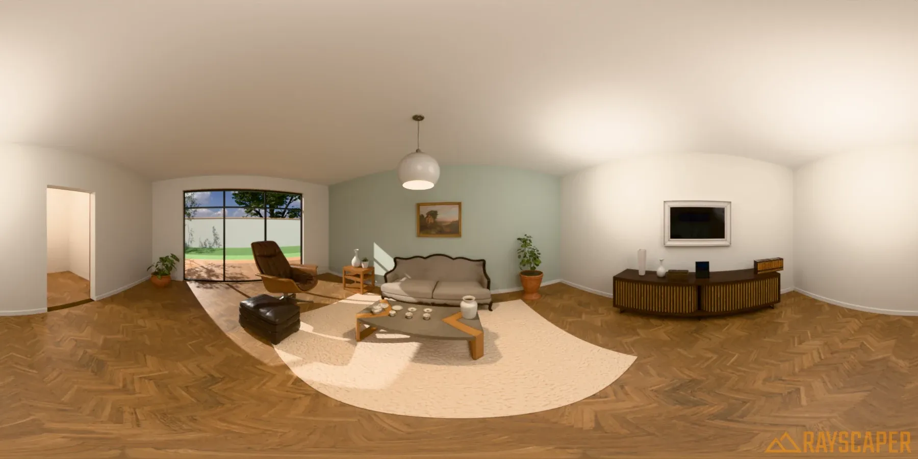 The panoramic camera captures a full 360-degree spherical view of the scene.