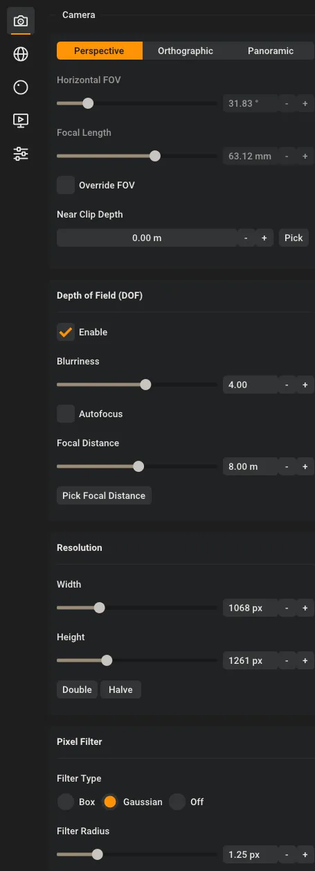 Perspective camera settings