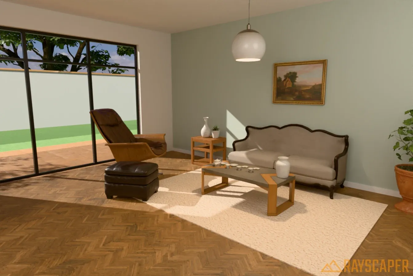 The perspective camera simulates natural depth, with objects appearing smaller as they recede into the distance.