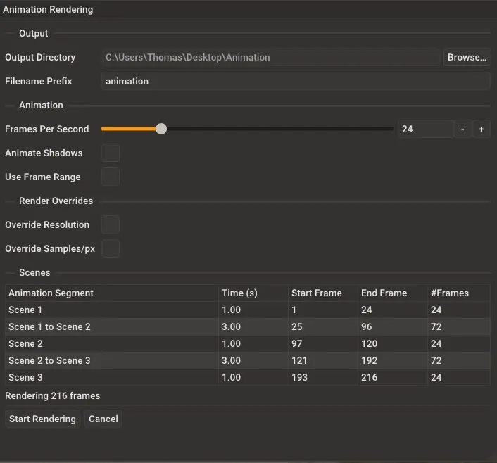 Rayscaper Animation Rendering dialog showing output settings, animation options, render overrides, and scene table