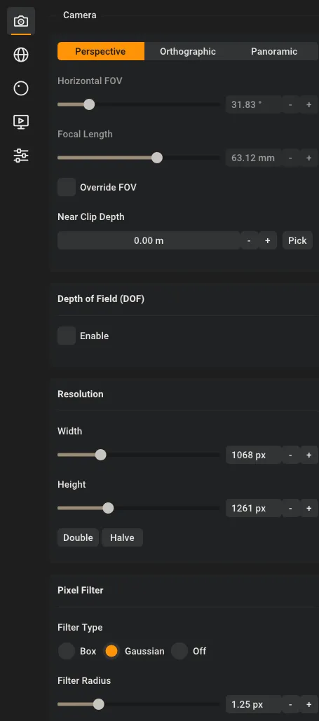 The Camera section of the Scene Editor