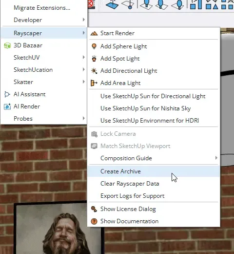 The Extensions > Rayscaper menu in SketchUp