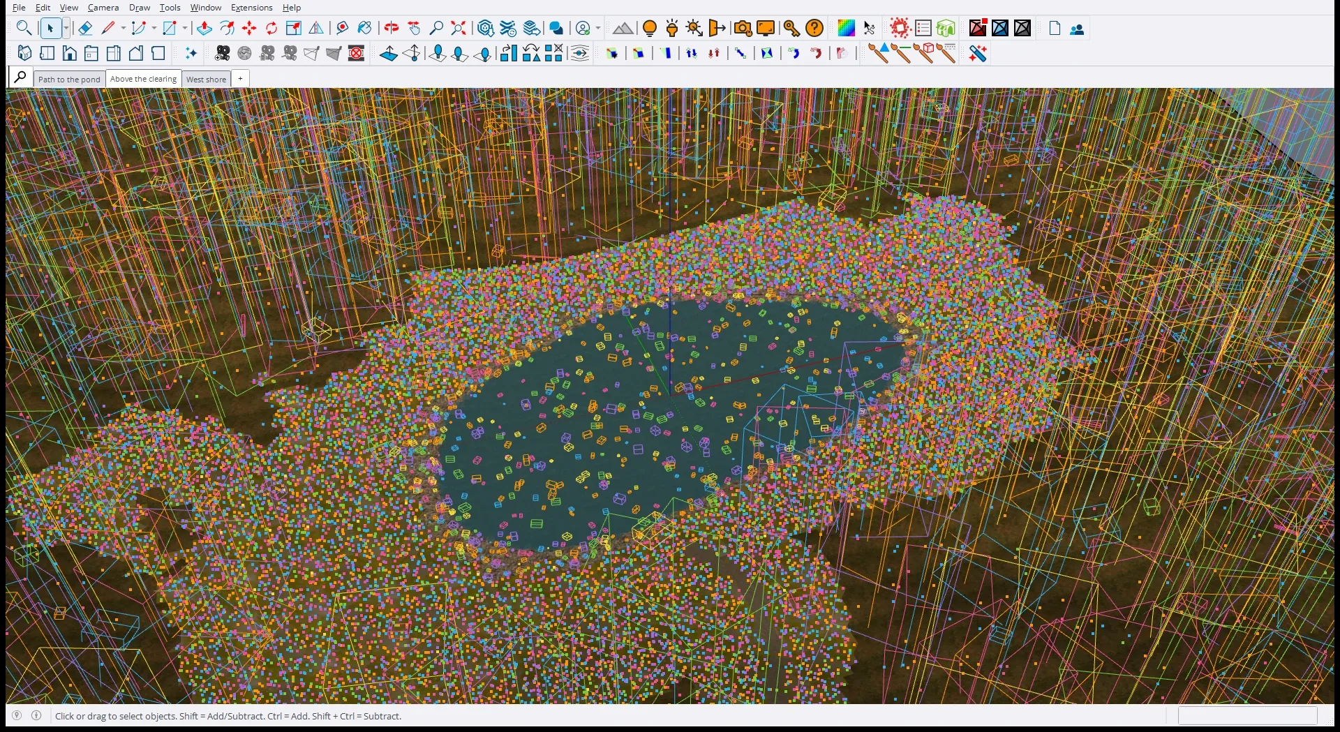 SketchUp with the preview of the forest pond from above: points for the grass around the pond, colored boxes for the trees, rocks and stones