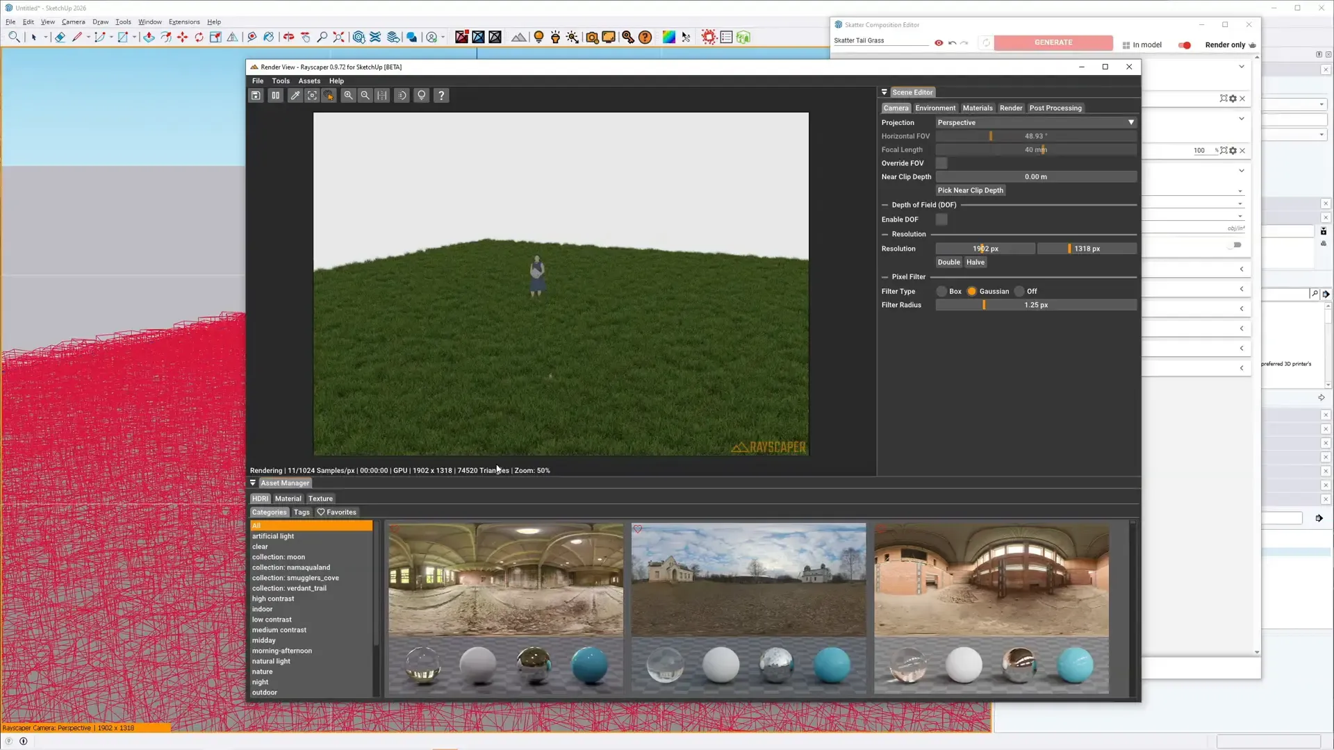 Rayscaper rendering scattered grass from Skatter