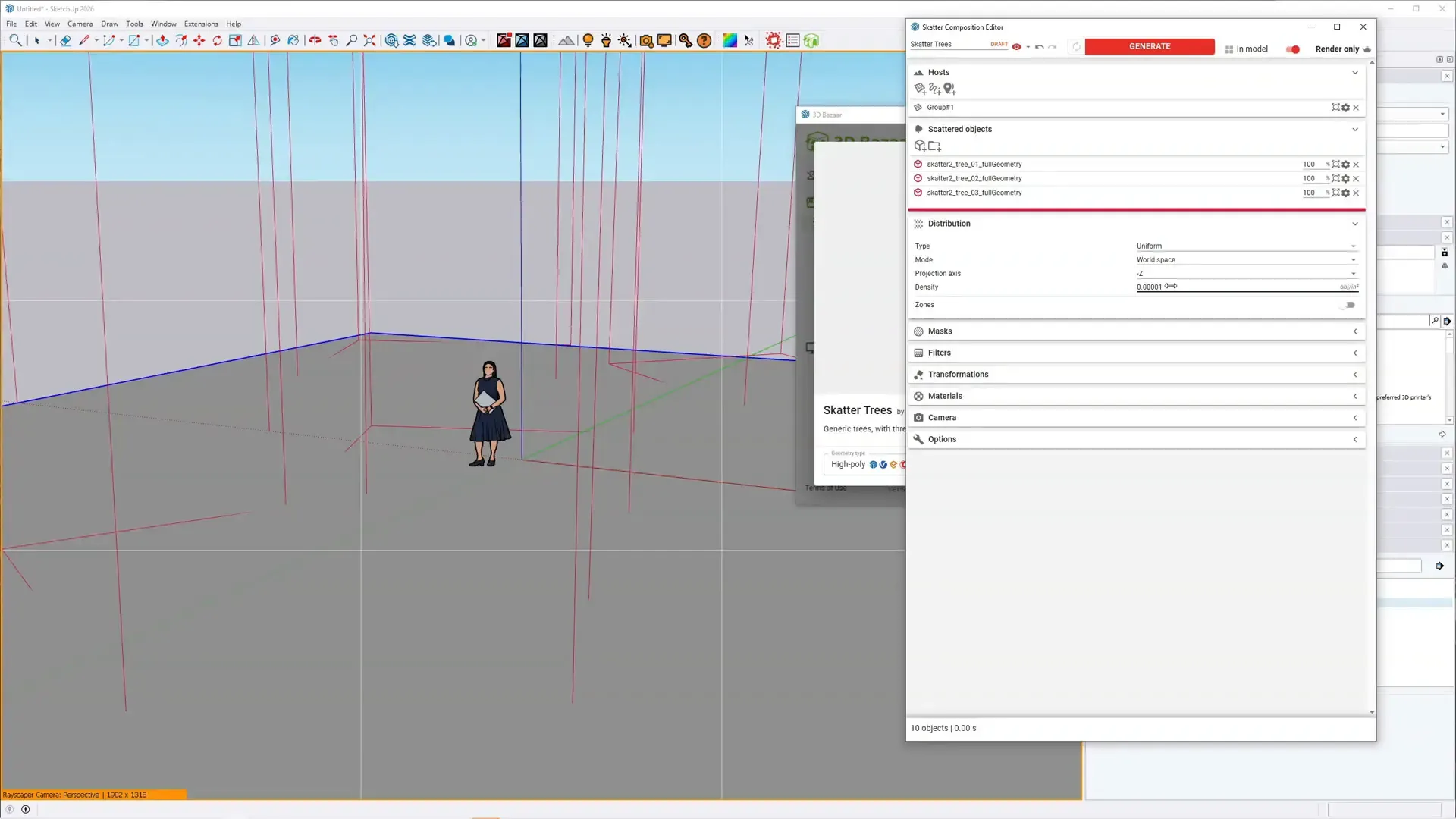 Tree proxies scattered in SketchUp with Skatter