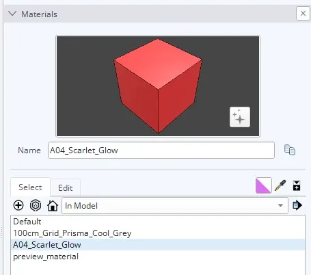 SketchUp materials panel showing A04_Scarlet_Glow material