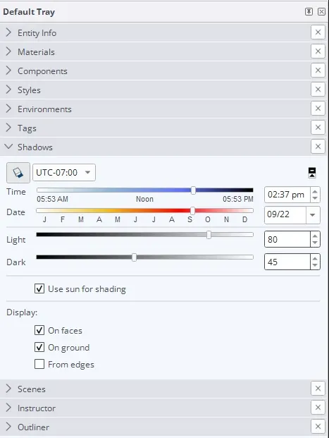 SketchUp Shadows panel showing time and date sliders for controlling sun position