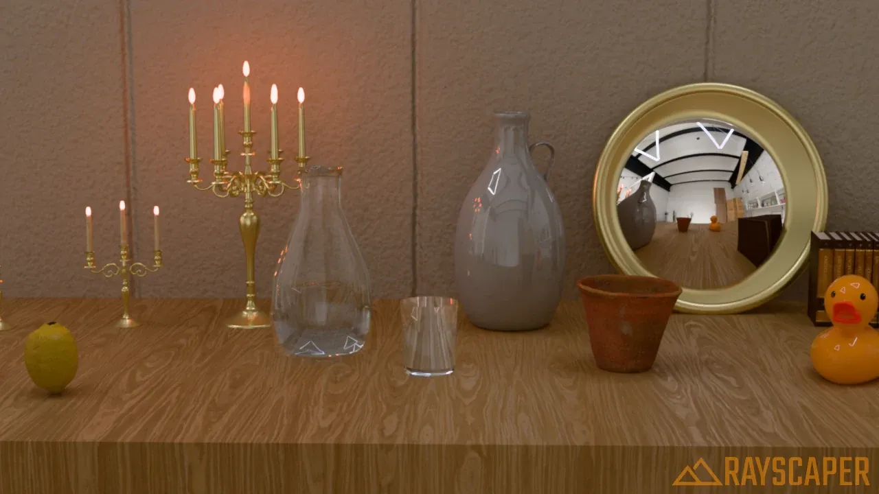 A still life on a wooden table with brass candleholders, a glass carafe, a glazed vase, a round mirror, a terracotta pot and a rubber duck