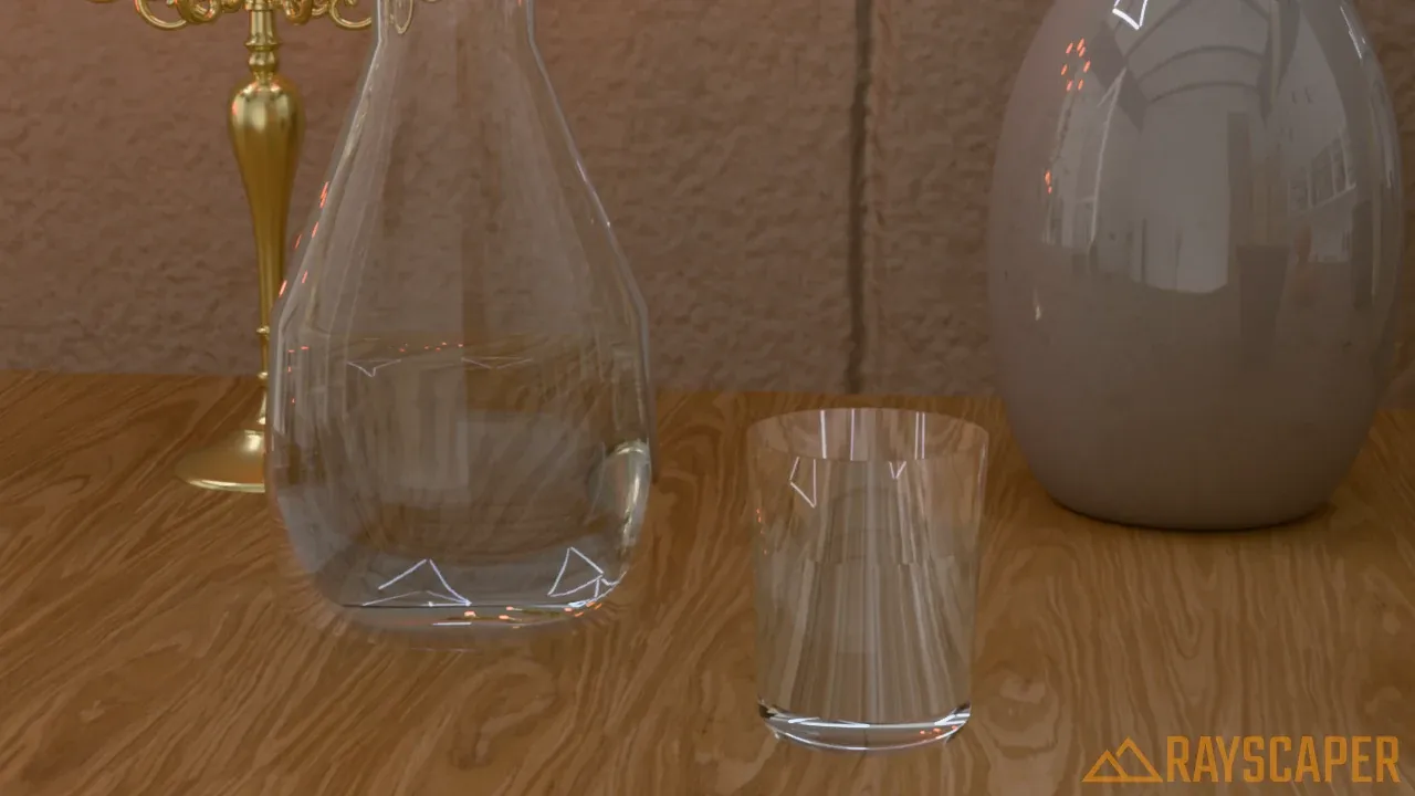 A glass carafe and a tumbler, both partly filled with water