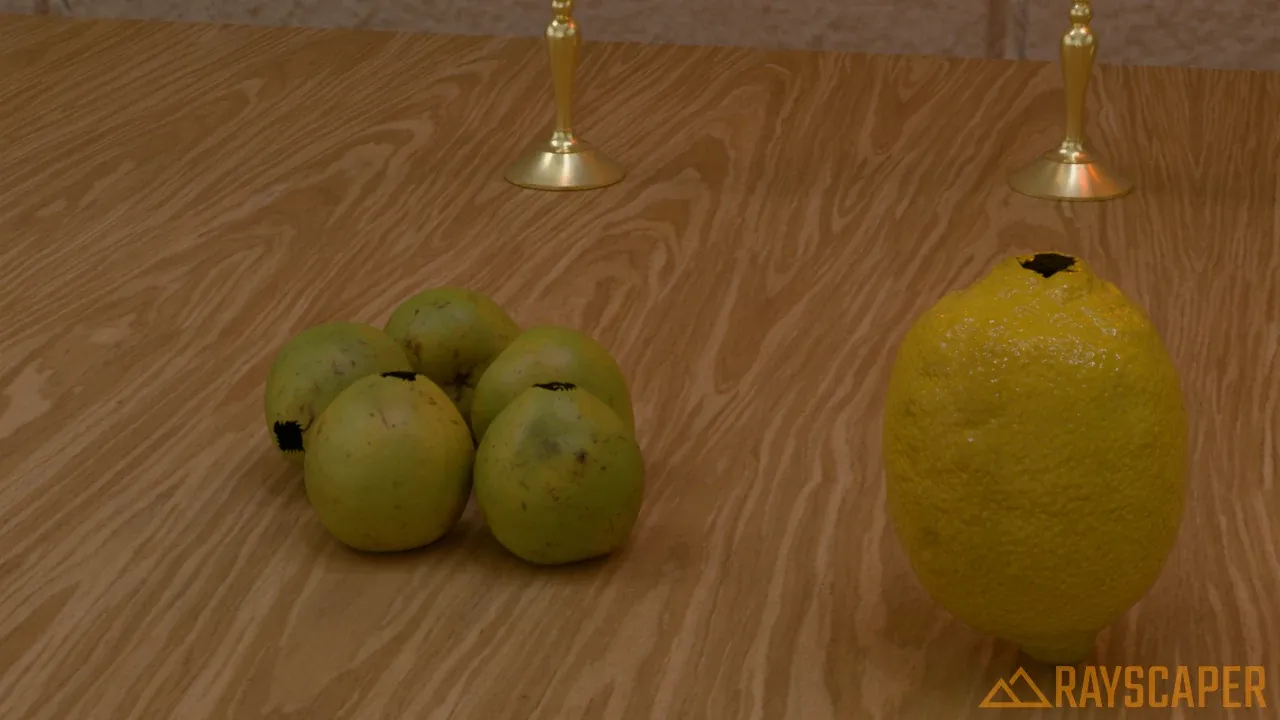 Asian pears and a lemon on a wooden table