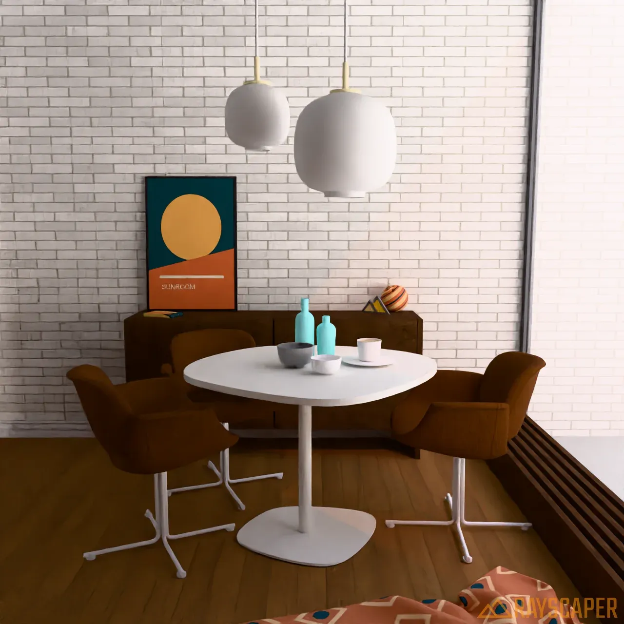 Rayscaper render of a sunroom with a white brick wall, dining table, brown chairs and geometric artwork.