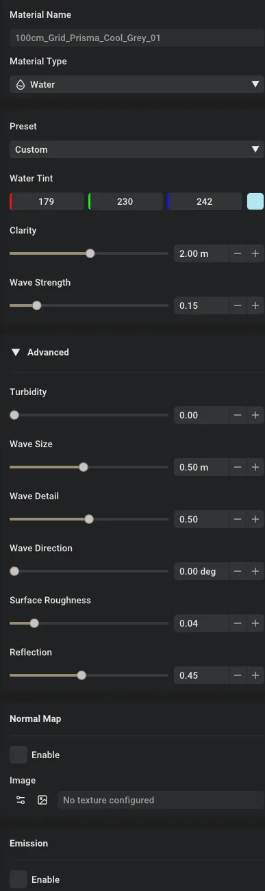 Water material configuration